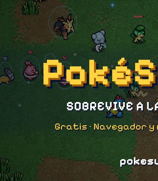 Crop of the official PokeSurvivor share image, with several wild creatures standing on the grass around part of the title.