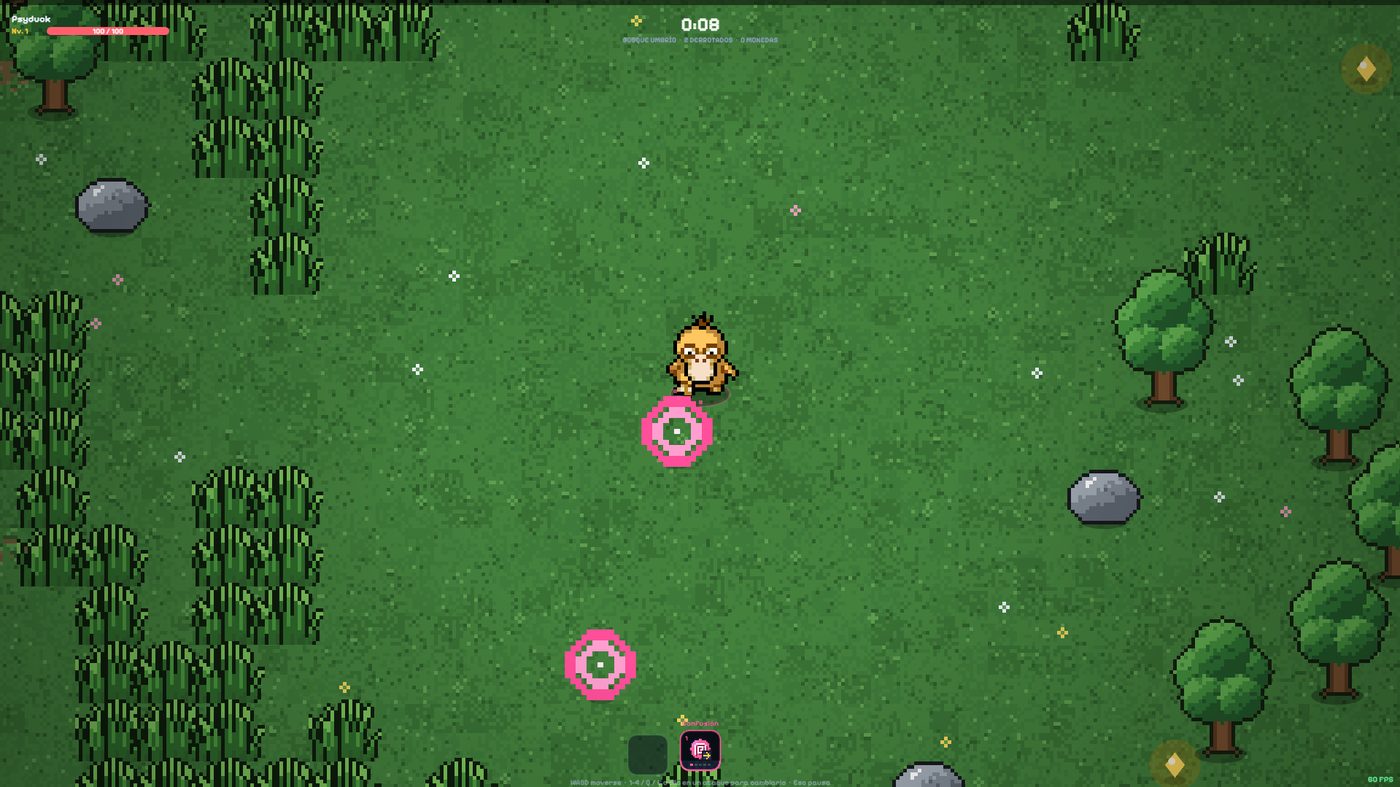 Psyduck at level 1 on a green field eight seconds into a run, with the Spanish biome label BOSQUE UMBRÍO at the top.