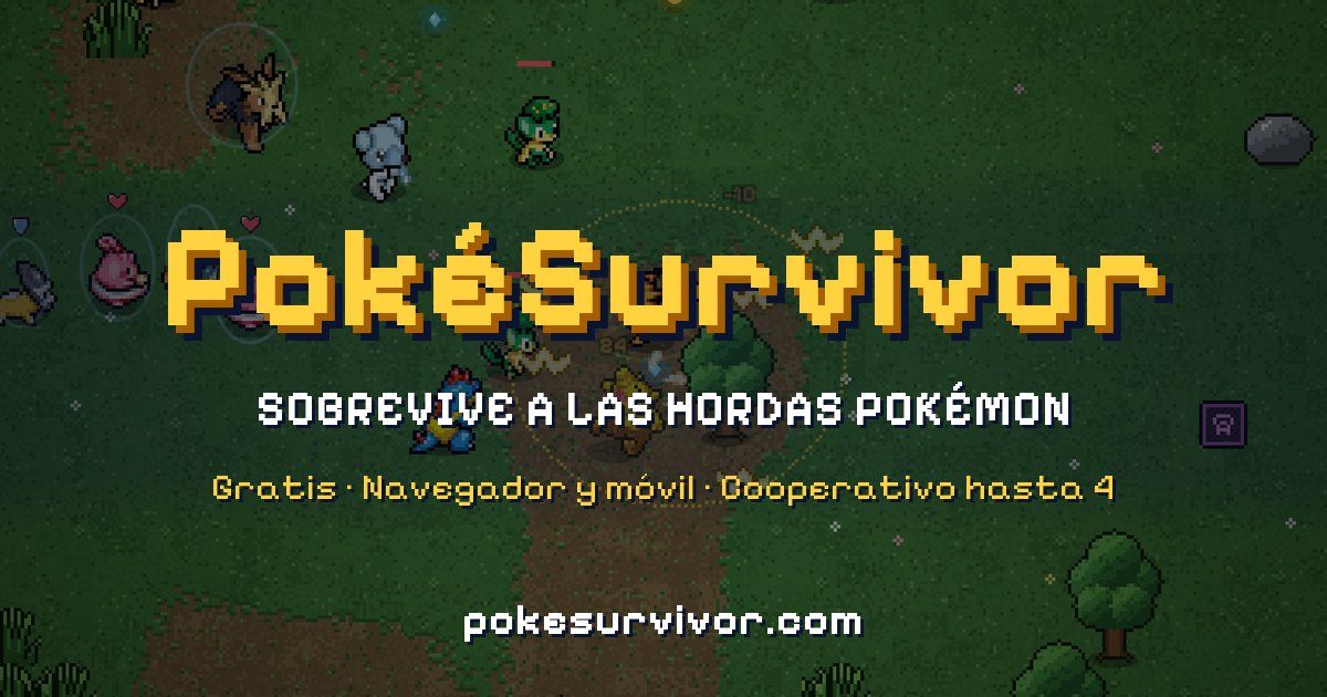 Official PokeSurvivor share image: a pixel-art field with several creatures around the game title.