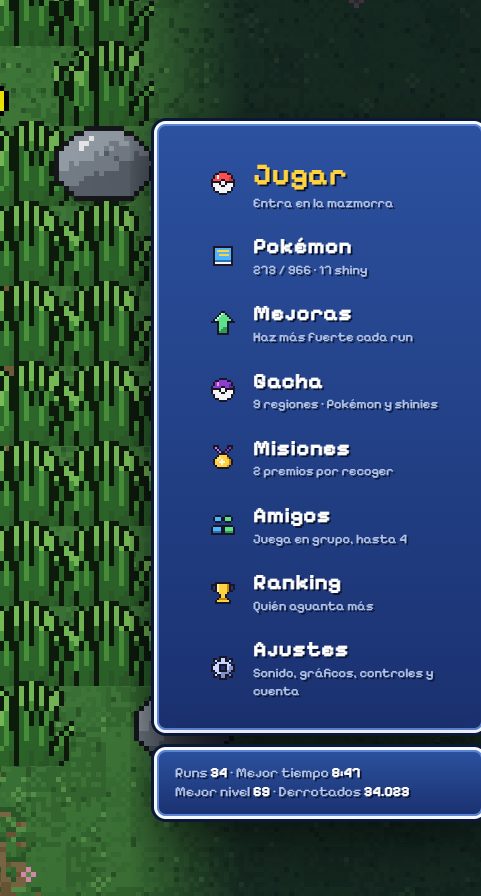 Spanish PokeSurvivor menu panel with entries for play, Pokémon, upgrades, gacha, missions, friends, ranking, and settings.